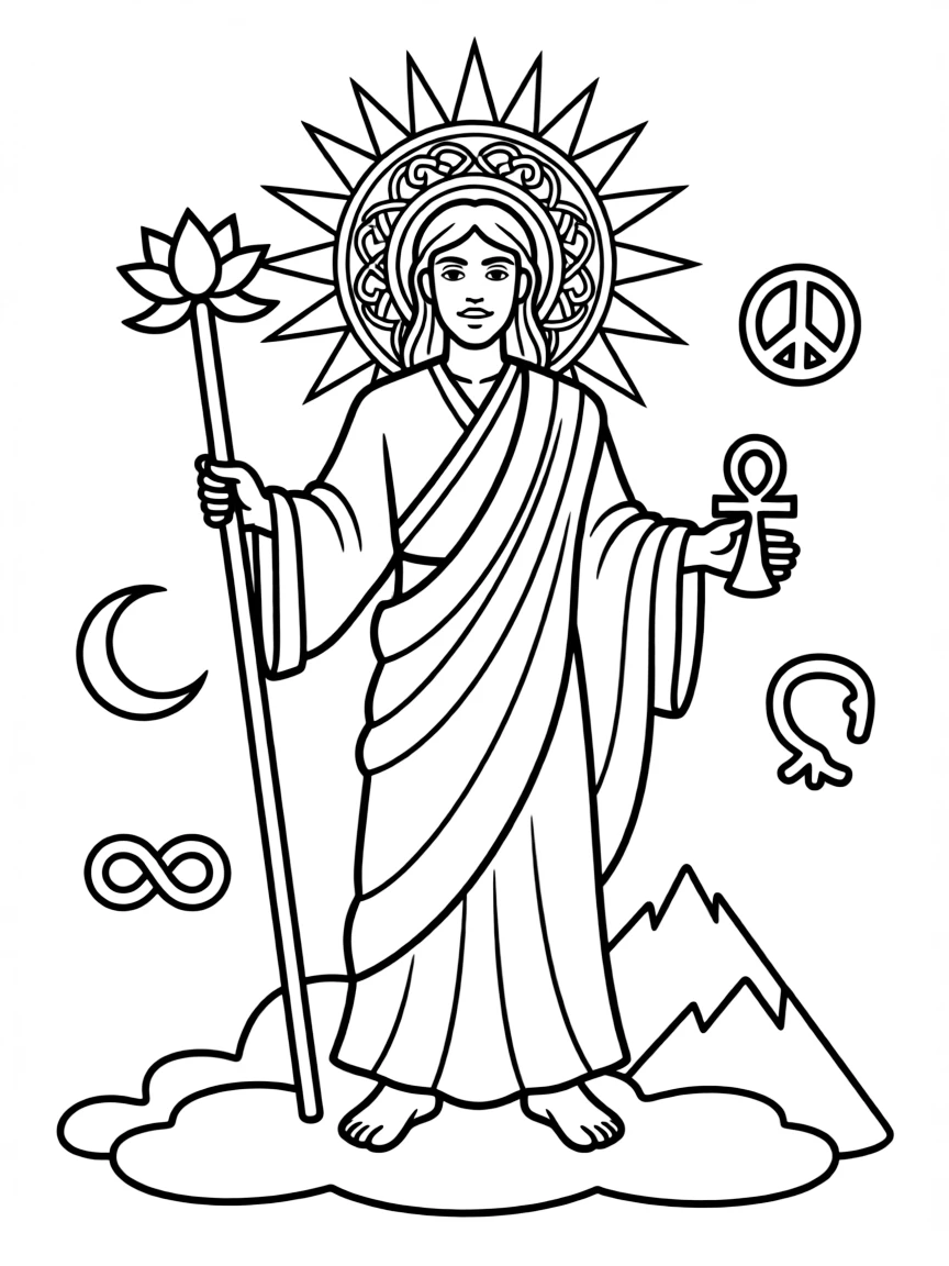 Divine masculine representation with symbols from multiple traditions