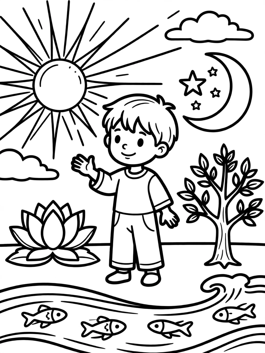 Creation scene with elements from multiple religious traditions