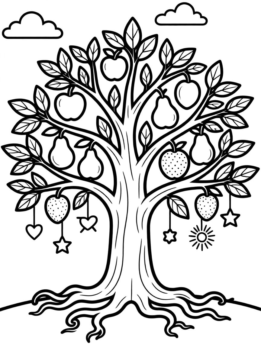 Tree of knowledge with detailed fruit and spiritual symbolism