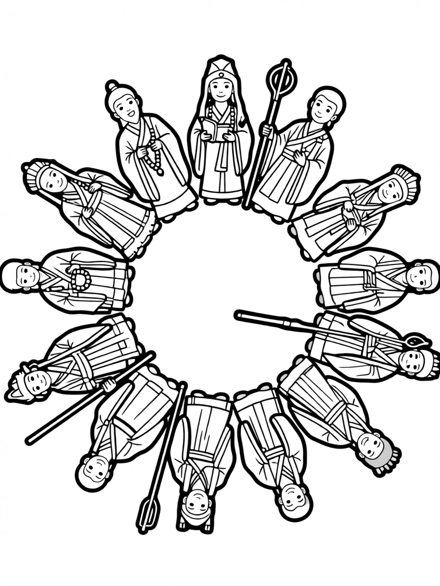 Circle of spiritual leaders from different traditions in detailed traditional attire