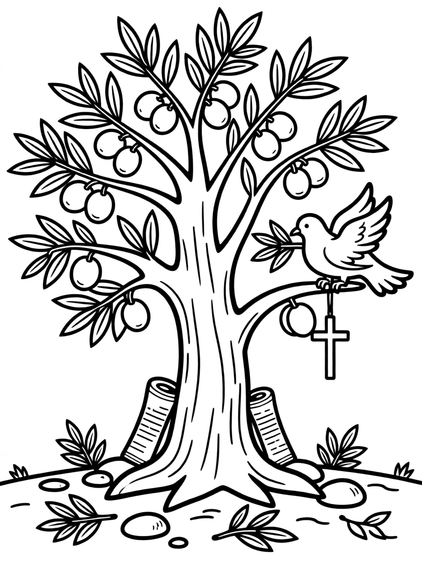 Olive tree with detailed peace symbolism and religious connections