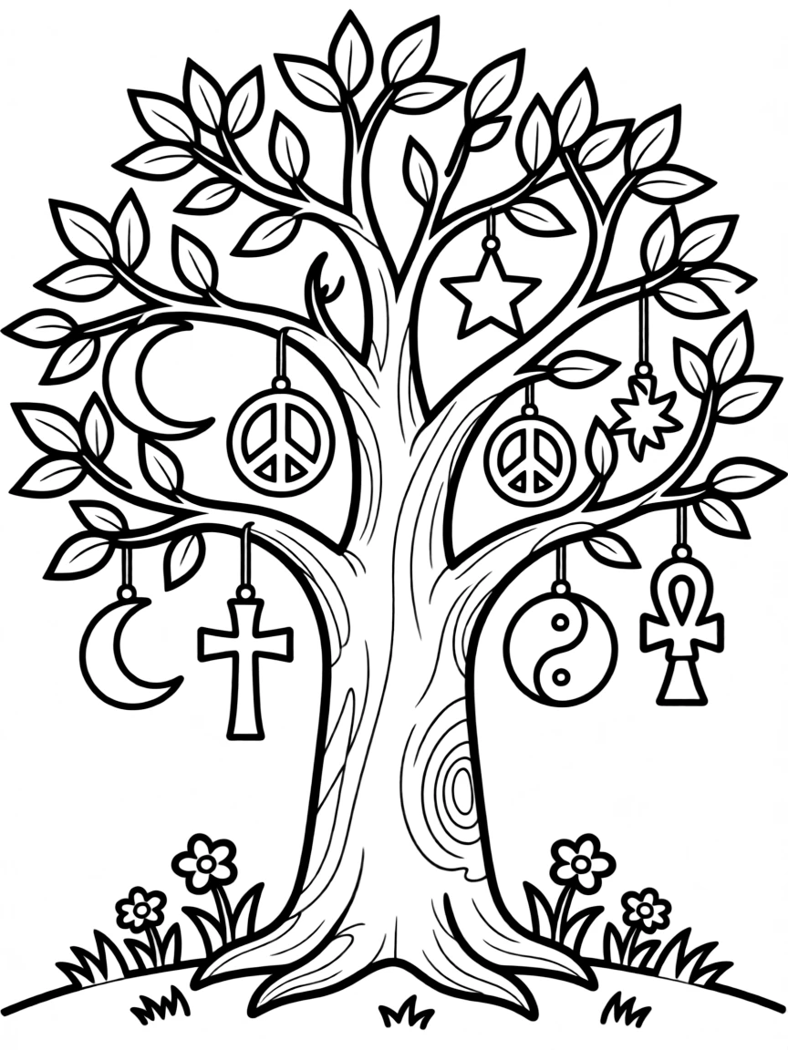 Sacred tree with symbols from various traditions hanging from branches