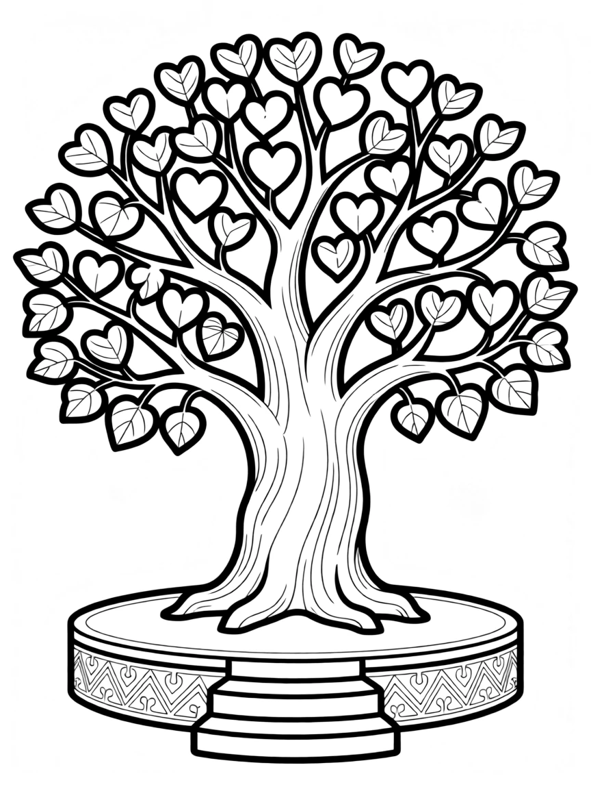 Bodhi tree with detailed heart-shaped leaves and enlightenment platform