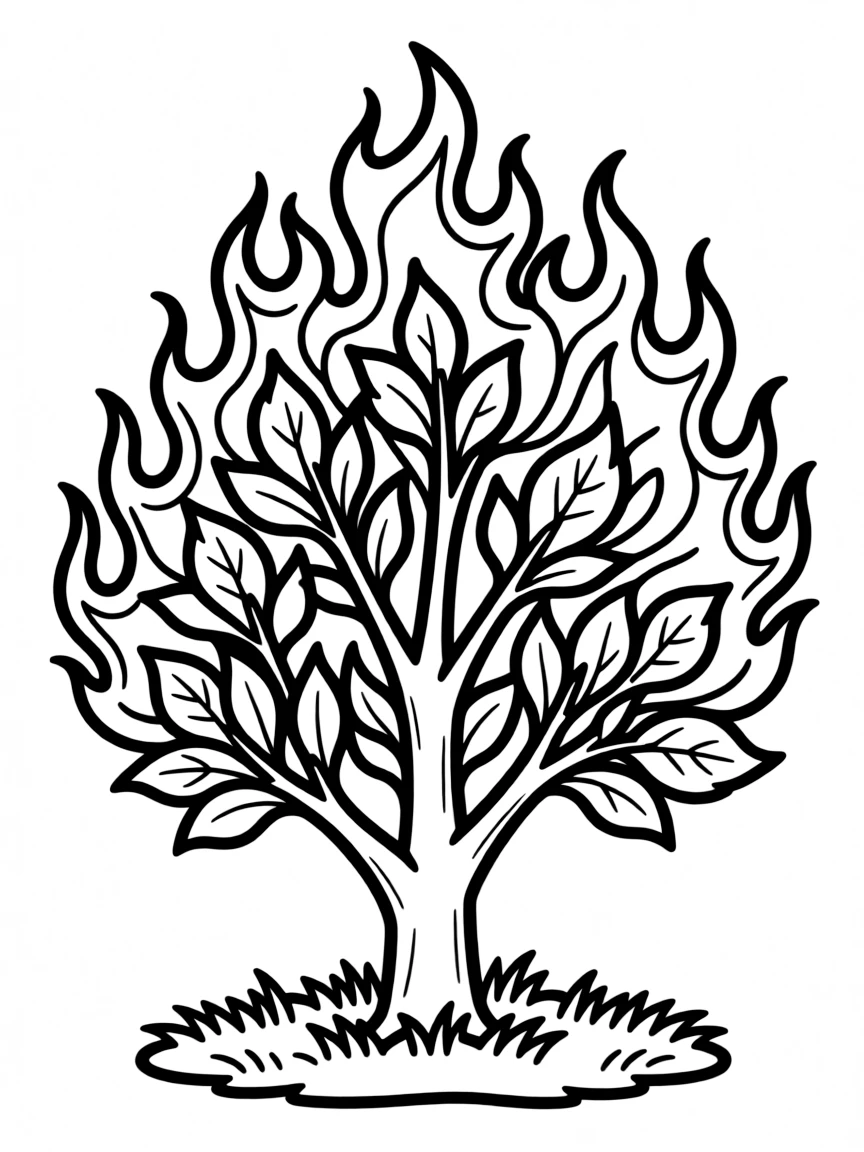 Burning bush with detailed flame patterns that don't consume