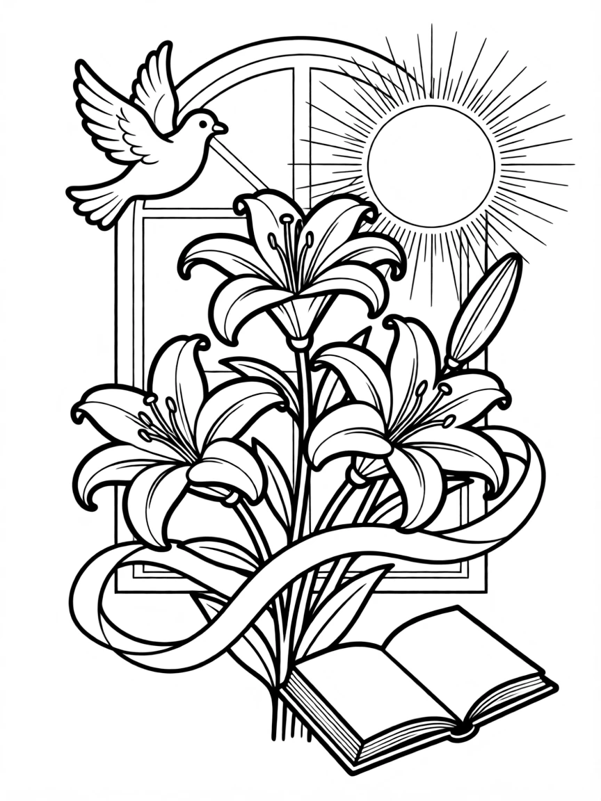 Lily arrangement with detailed Easter and annunciation symbolism