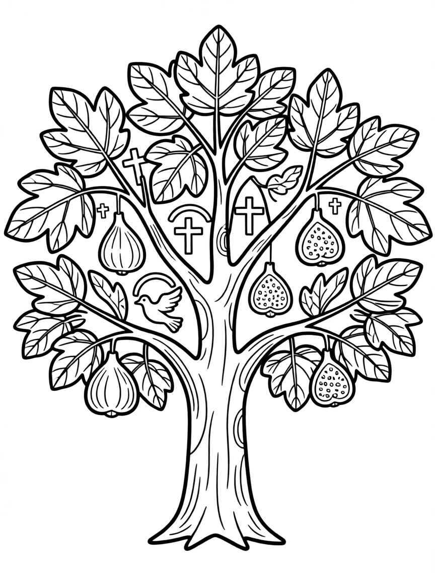 Fig tree with detailed religious symbolism and leaf patterns