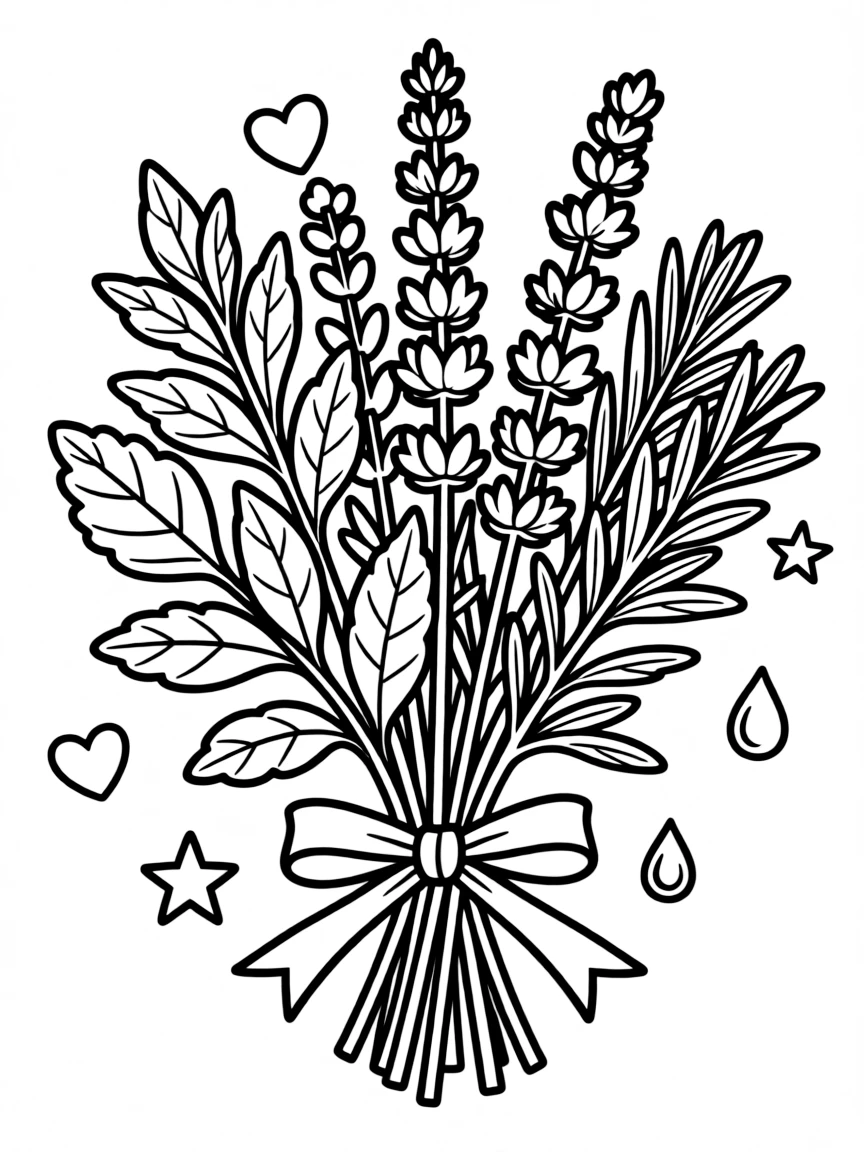 Sacred herbs bundle with detailed individual plants and symbolic meanings