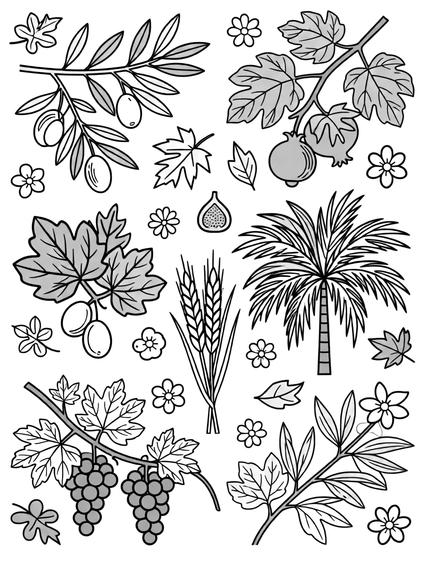 Seven species of Israel with detailed botanical and symbolic elements