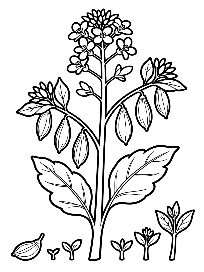 Mustard plant with detailed seed and growth symbolism