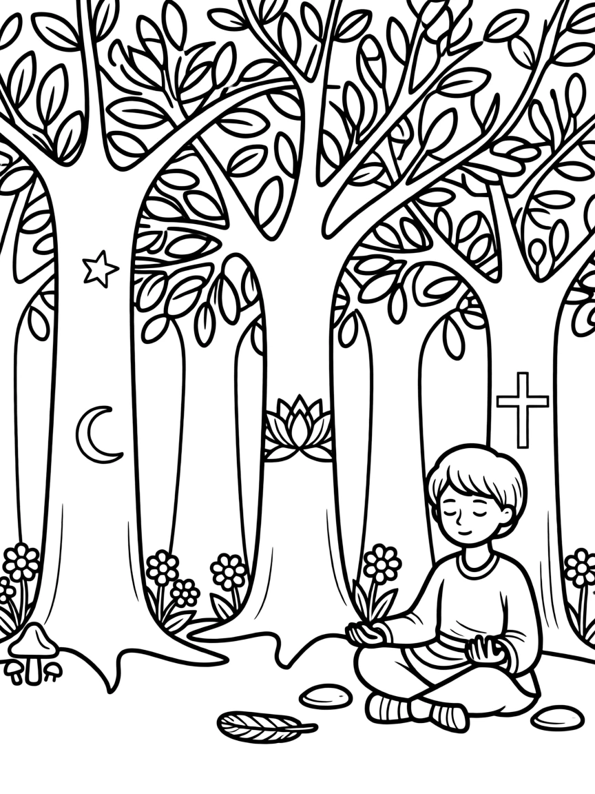 Sacred grove with trees representing different spiritual traditions