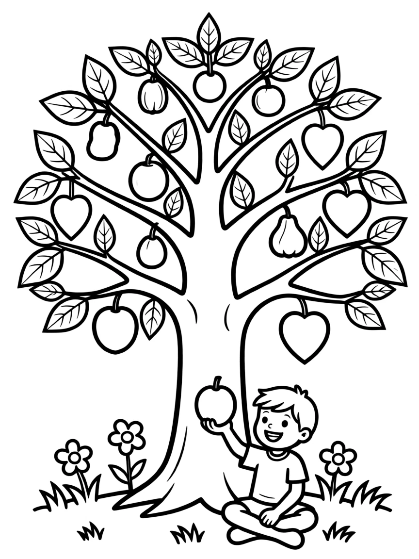 Tree of life with fruits representing various spiritual virtues