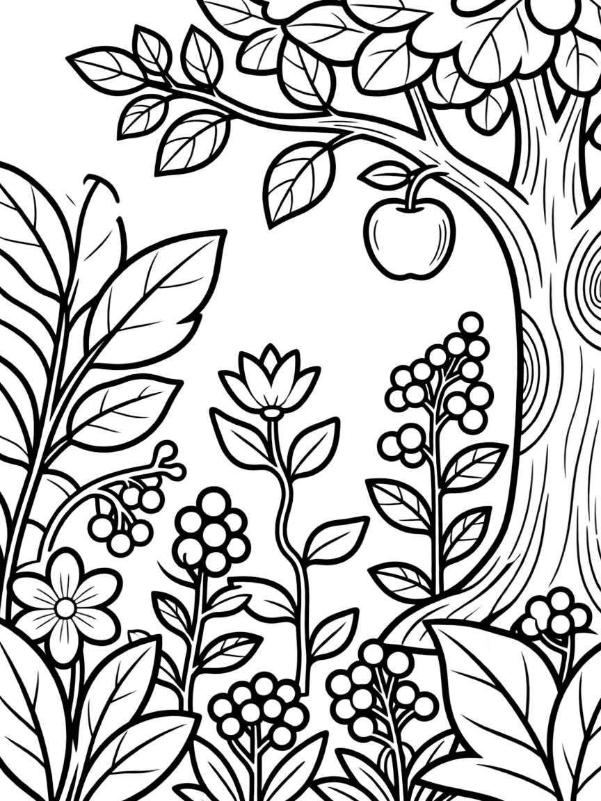 Garden of Eden plants with detailed botanical elements and symbolism