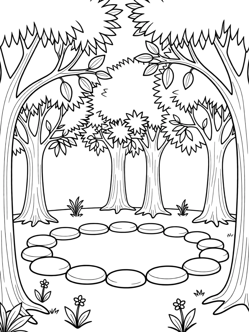 Sacred grove with stone circle and detailed tree elements