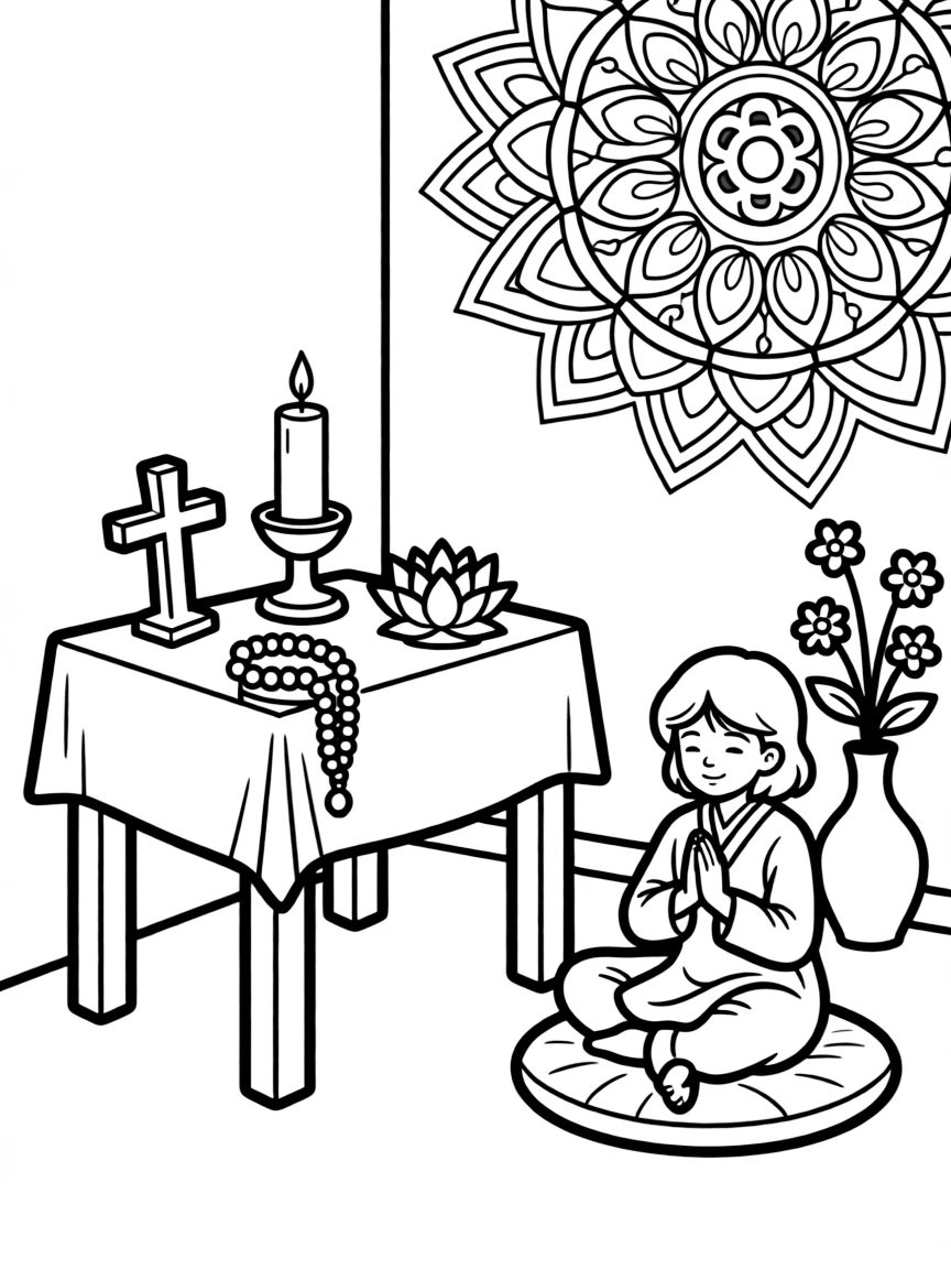 Prayer corner with elements from different spiritual traditions