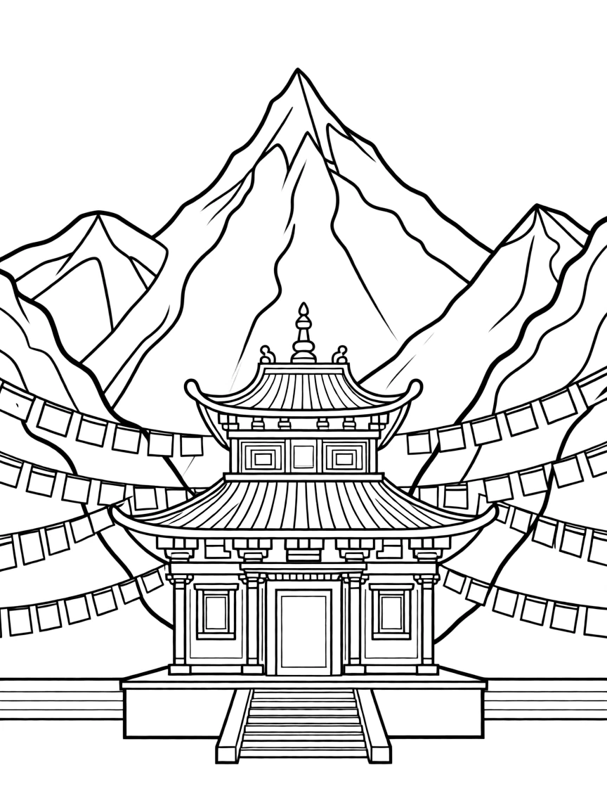 Himalayan temple with prayer flags and detailed mountain backdrop