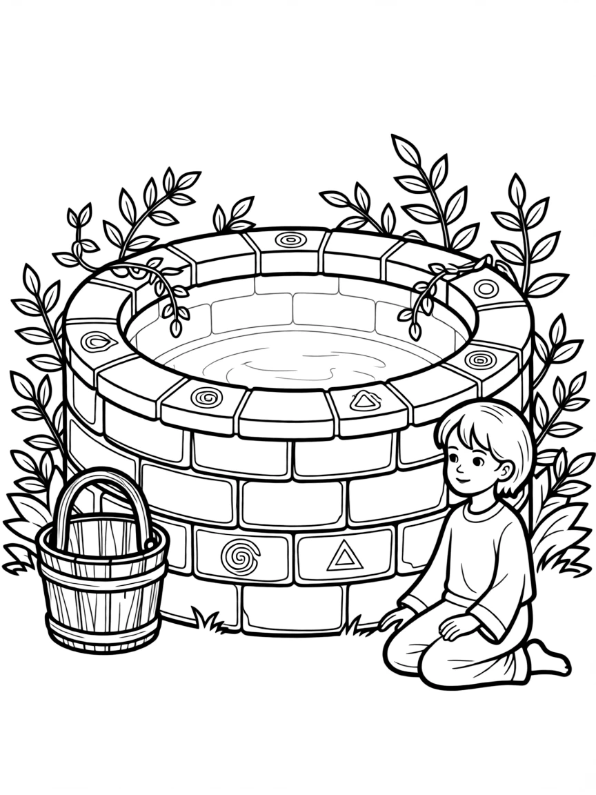 Sacred well with detailed stonework and spiritual symbolism