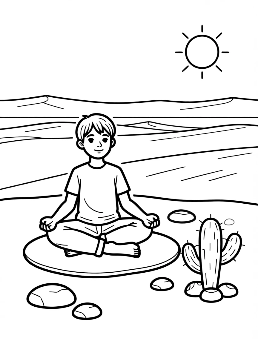Desert meditation space with minimal elements and vast horizon