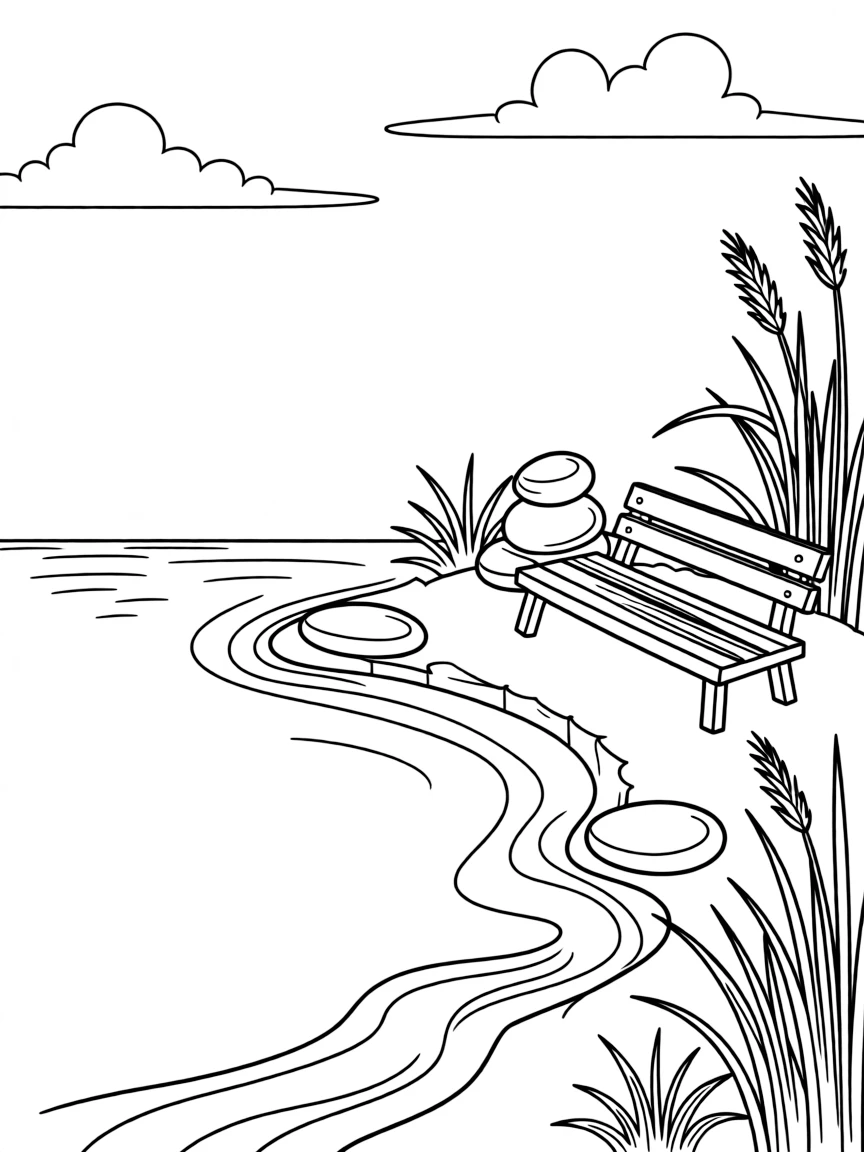 Riverside prayer space with detailed water elements and symbolic stones