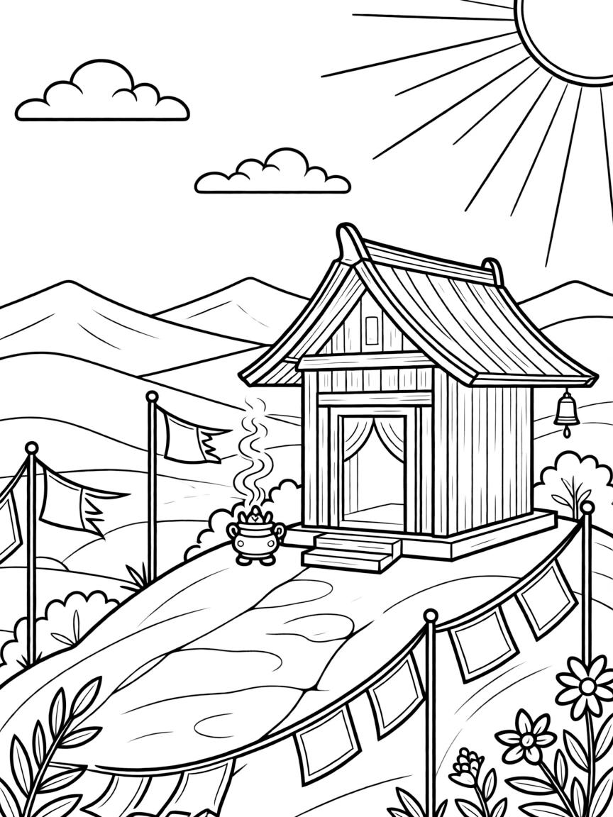 Mountaintop shrine with detailed vista and spiritual elements
