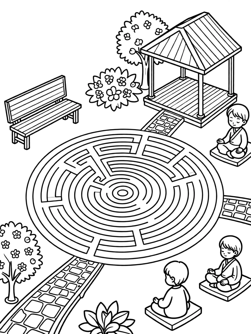 Spiritual retreat center with meditation labyrinth and detailed elements