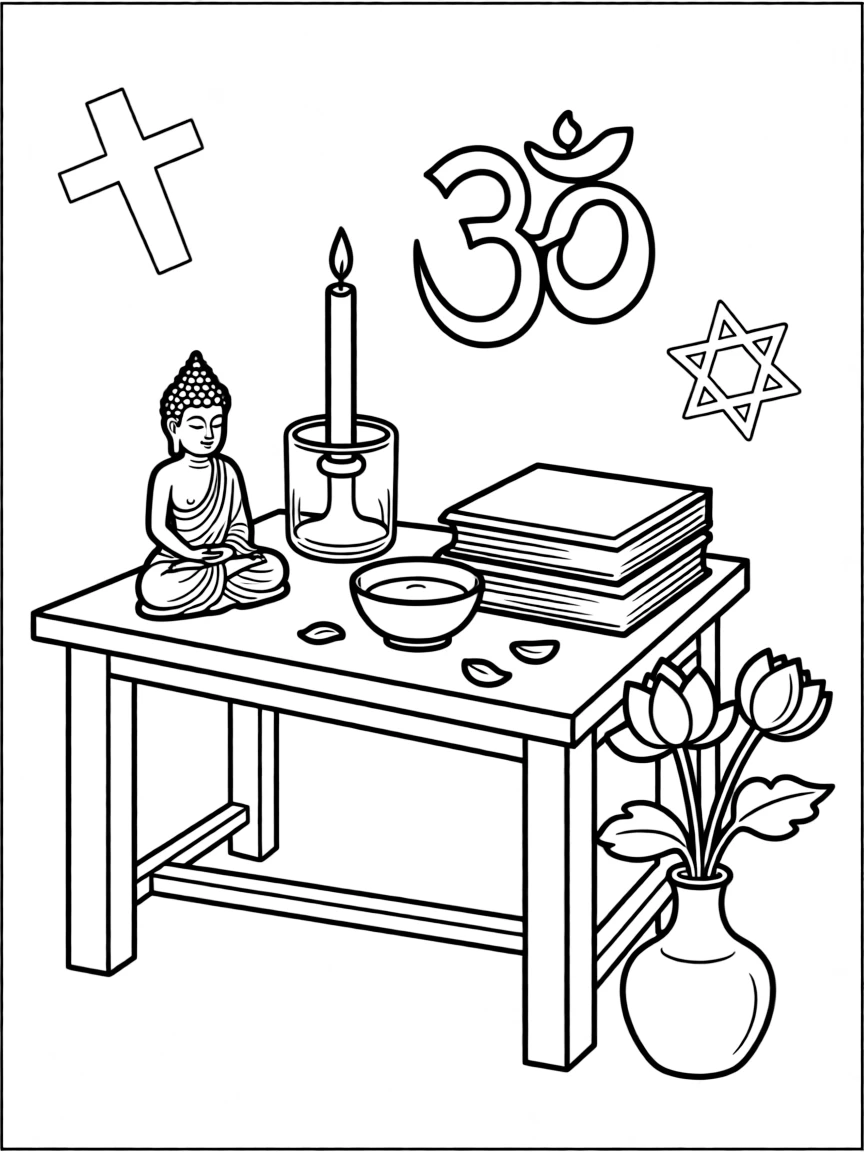 Home altar with elements from multiple spiritual traditions