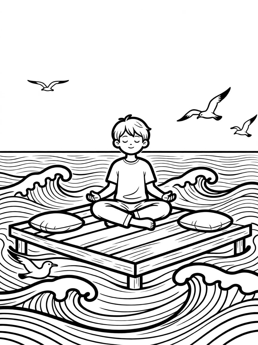Ocean-side meditation platform with detailed wave patterns