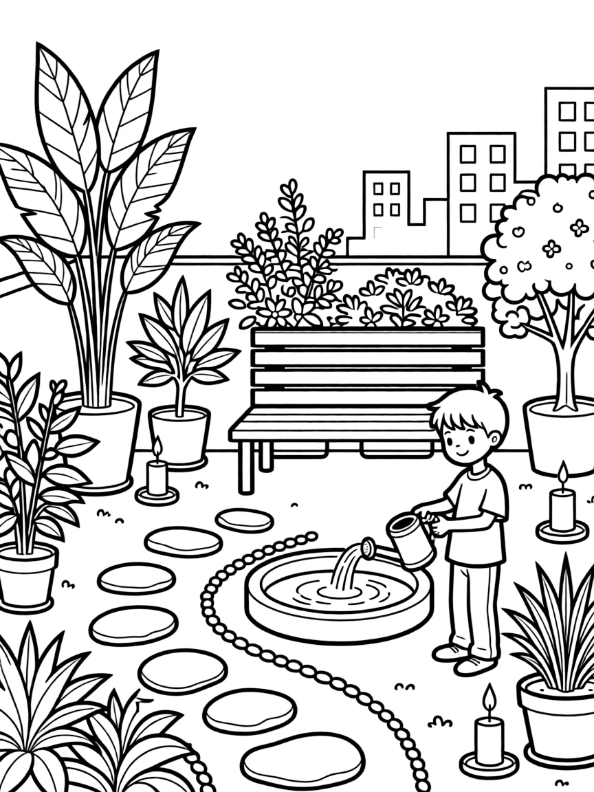 Urban rooftop spiritual garden with detailed plant arrangements