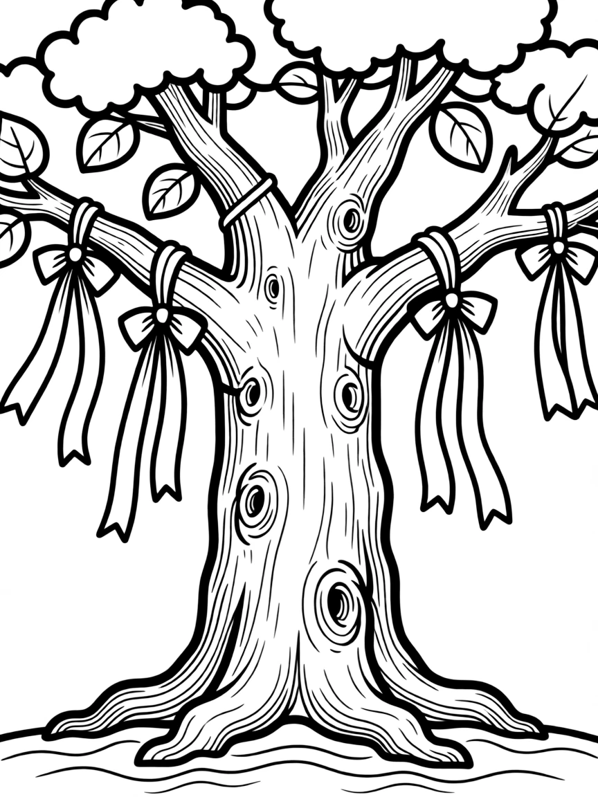 Ancient tree with prayer ribbons and detailed trunk texture