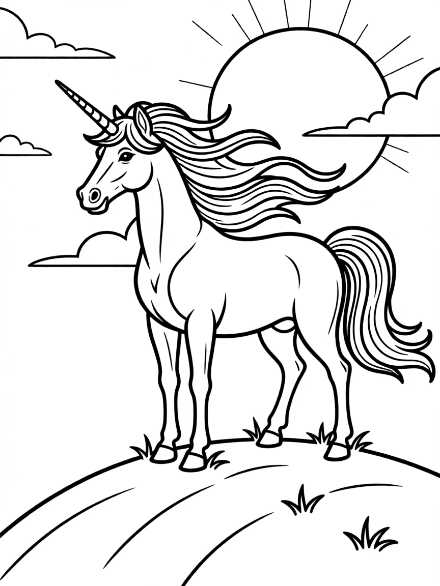 A majestic unicorn standing on a hilltop at sunset, its mane flowing in the wind