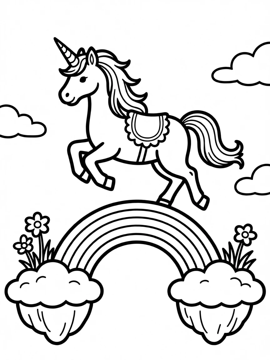 Unicorn leaping over a rainbow bridge between two floating islands