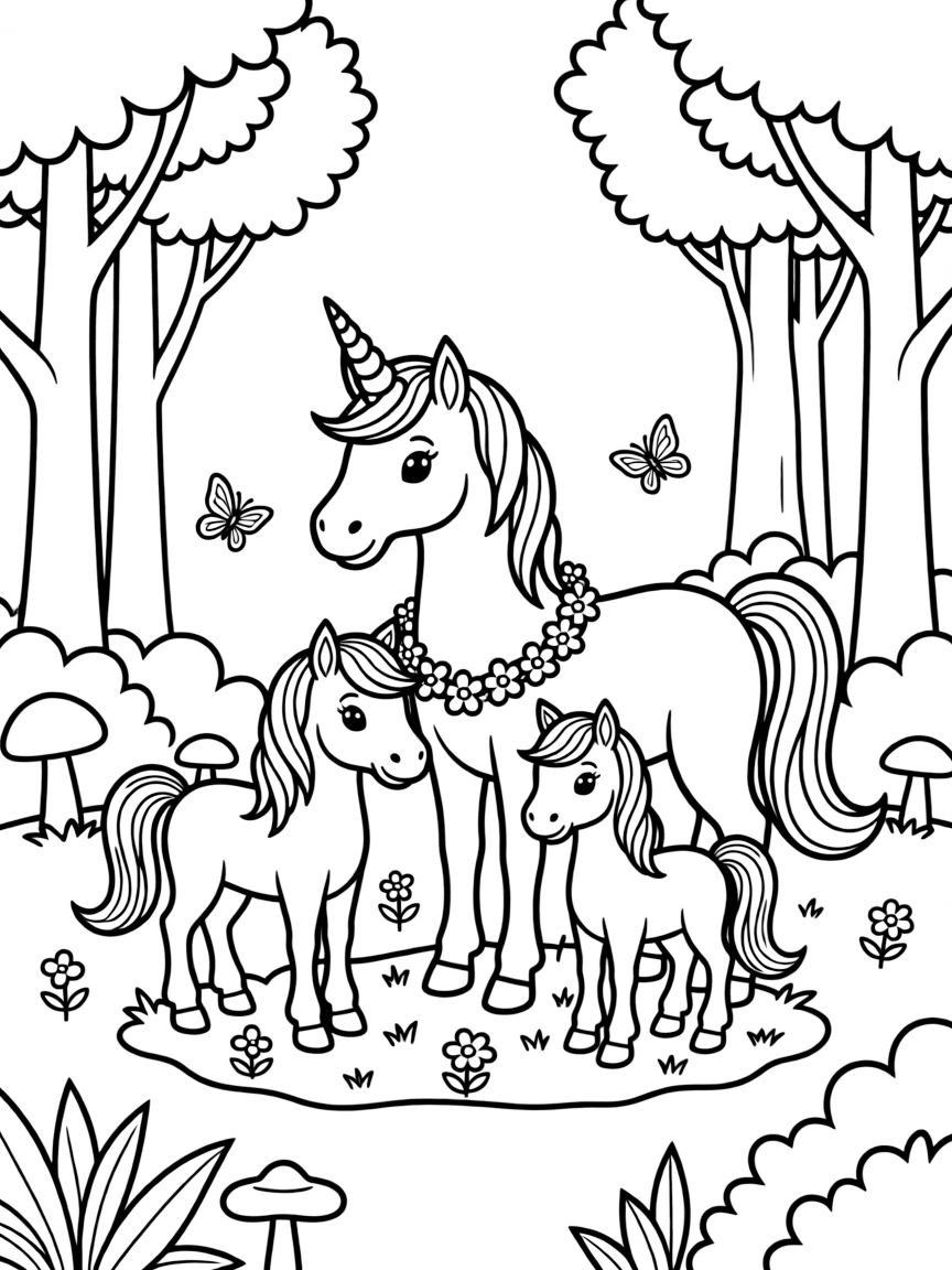 A unicorn family gathering in an enchanted forest glade