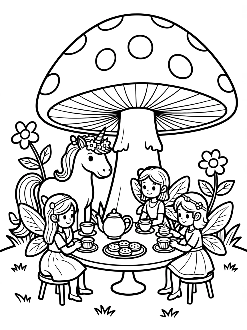 Unicorn and fairy friends having a tea party under a mushroom