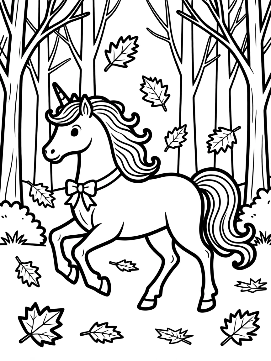 Autumn unicorn running through falling leaves in a forest
