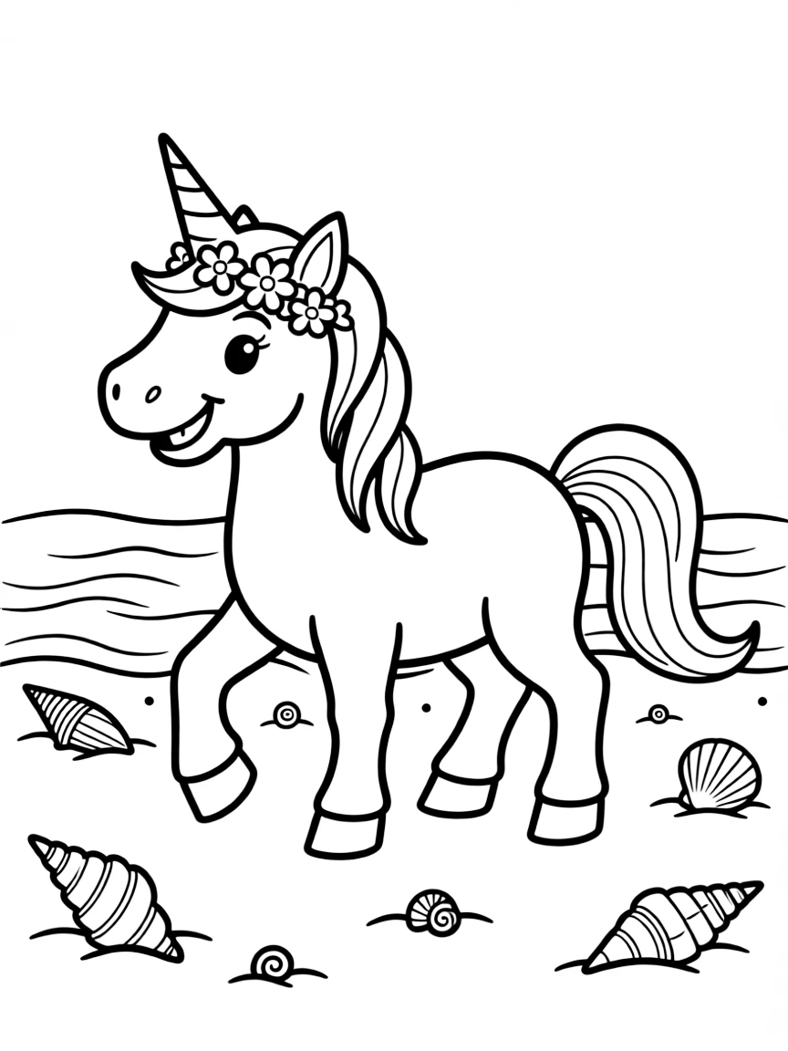 Summer unicorn playing on a beach with seashell decorations