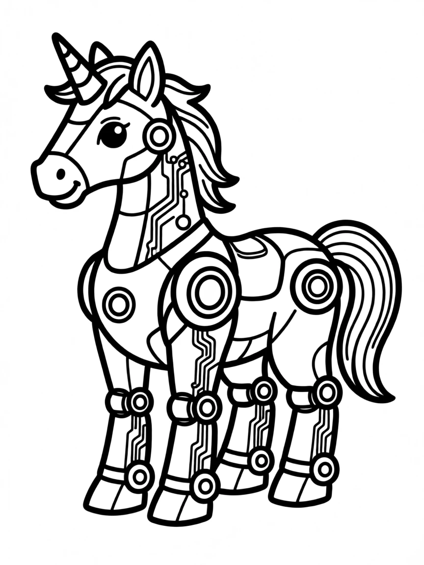 Robot unicorn with circuit patterns and glowing elements