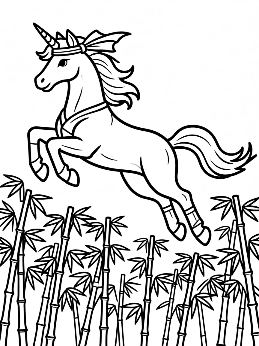 Ninja unicorn in mid-leap over bamboo forest