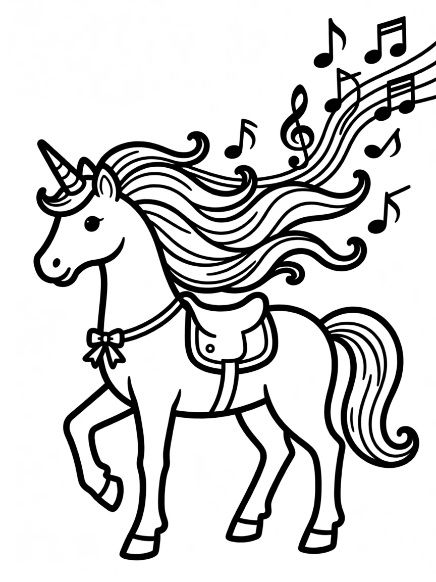 Musical unicorn with musical notes flowing from its mane