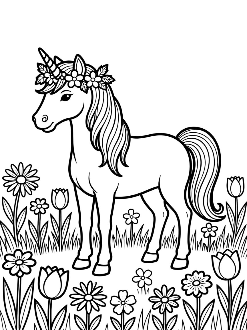 Flower crown unicorn in a meadow of wildflowers