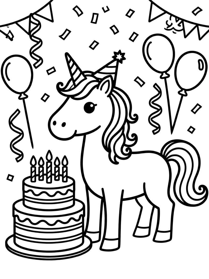 Birthday unicorn with cake and party decorations