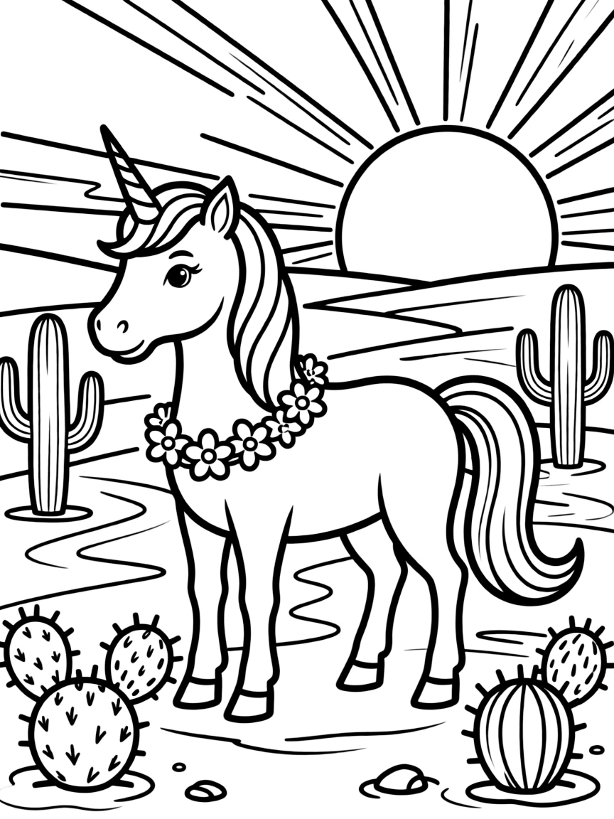 Desert unicorn with cactus garden and setting sun