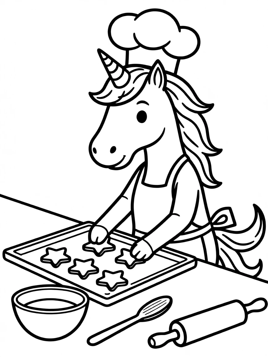 Unicorn chef baking star-shaped cookies