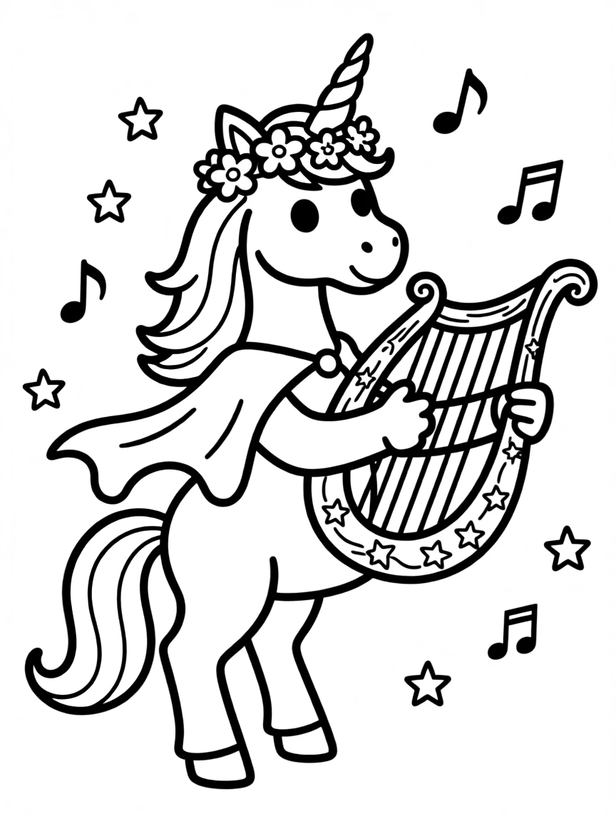 Unicorn musician playing a magical harp