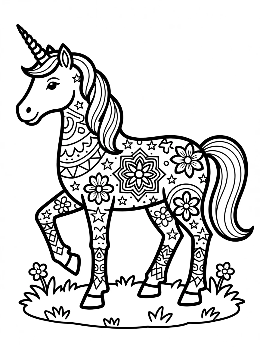Unicorn with decorative mandala patterns on its body