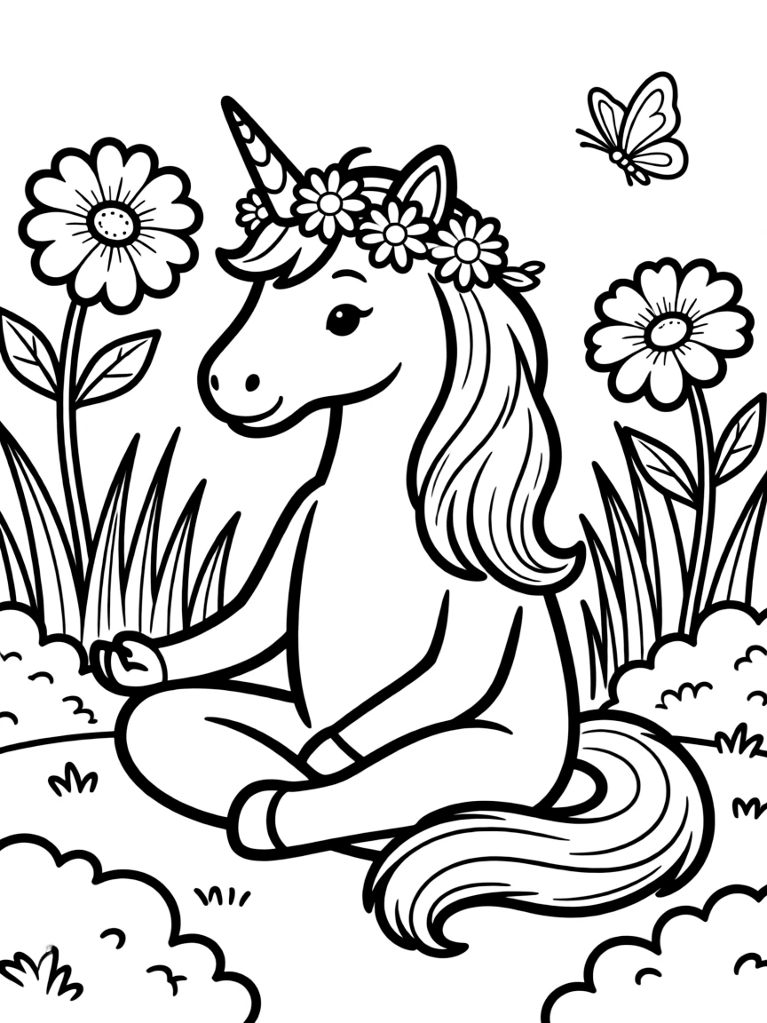 Zen unicorn meditating in a peaceful garden