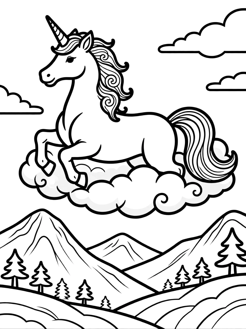 Unicorn made of clouds drifting over mountains