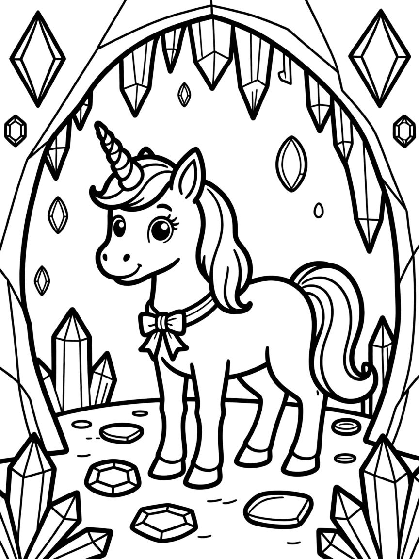 Crystal cave unicorn surrounded by gemstones
