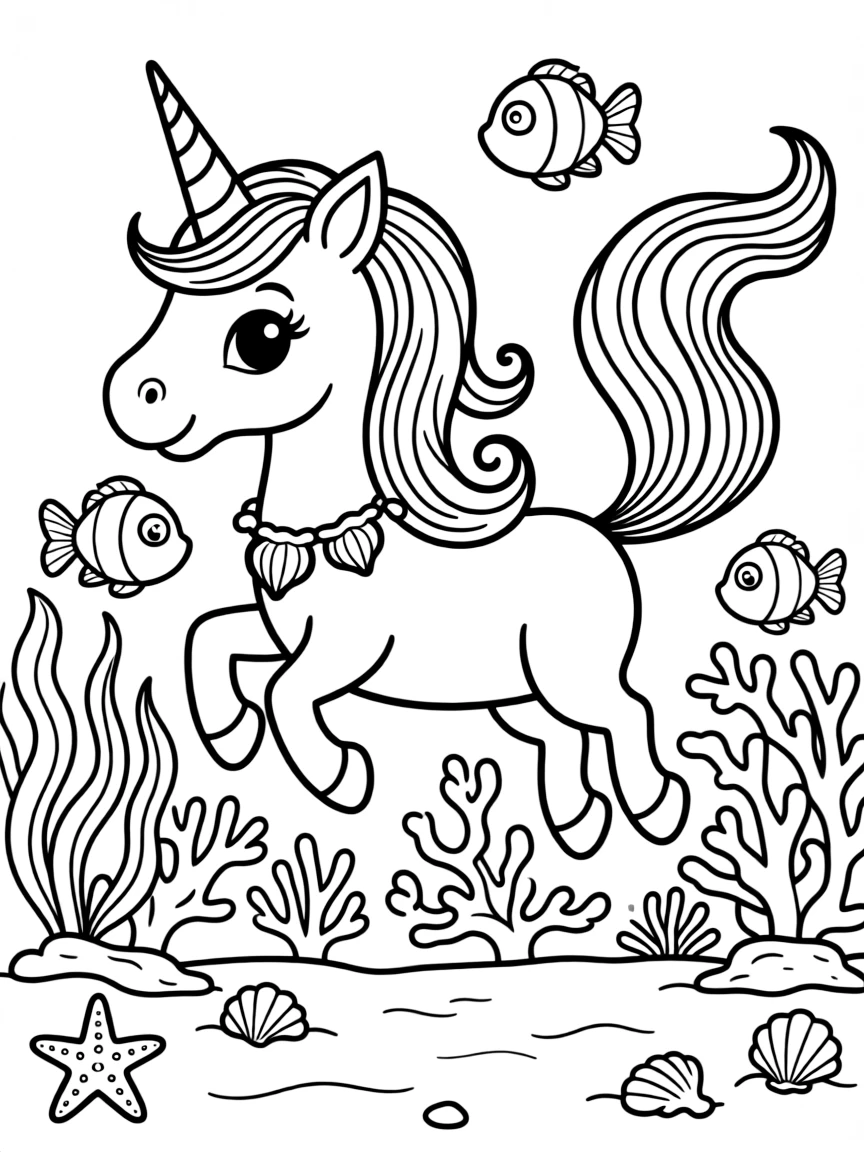 Underwater unicorn in a coral reef kingdom