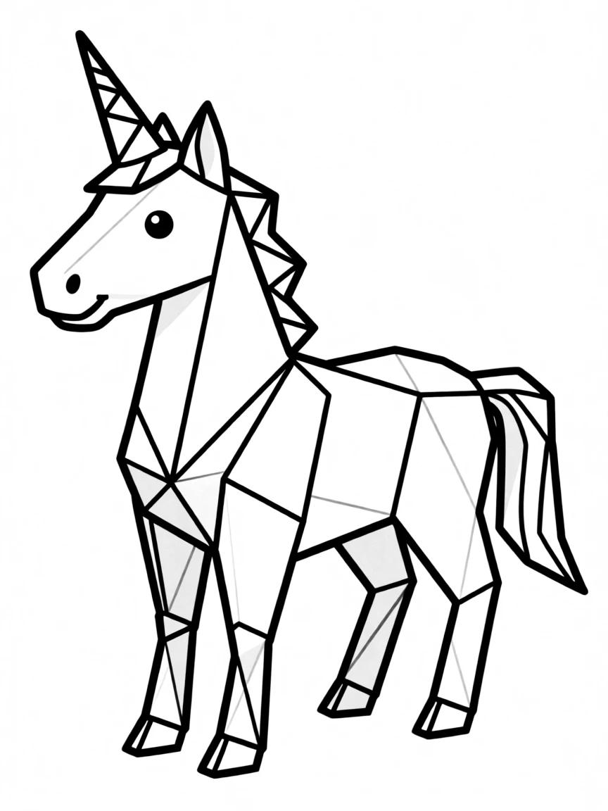 Paper unicorn in origami style with fold lines