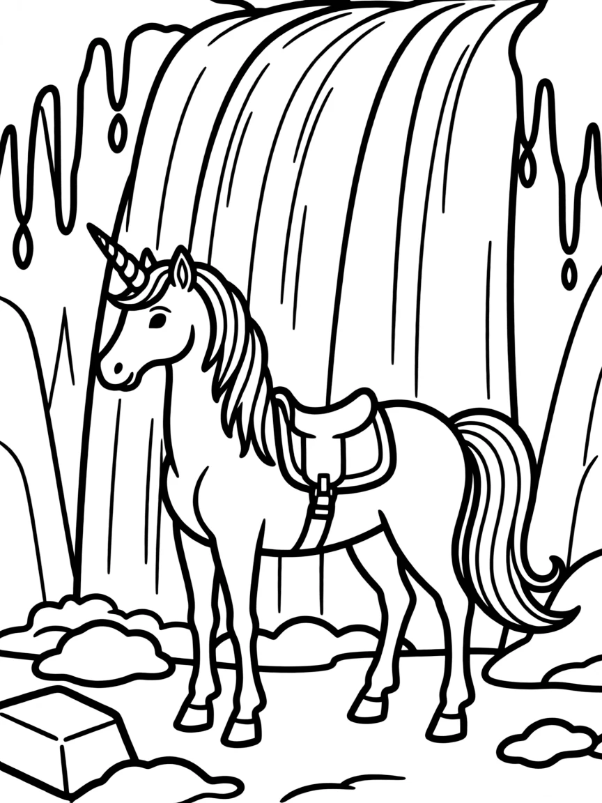 Ice unicorn in a frozen waterfall setting