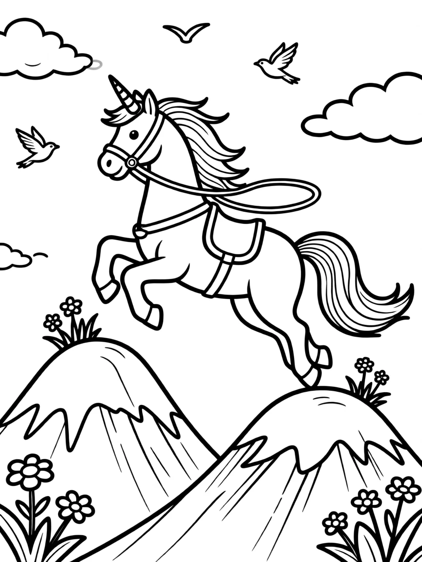 Unicorn jumping between mountain peaks